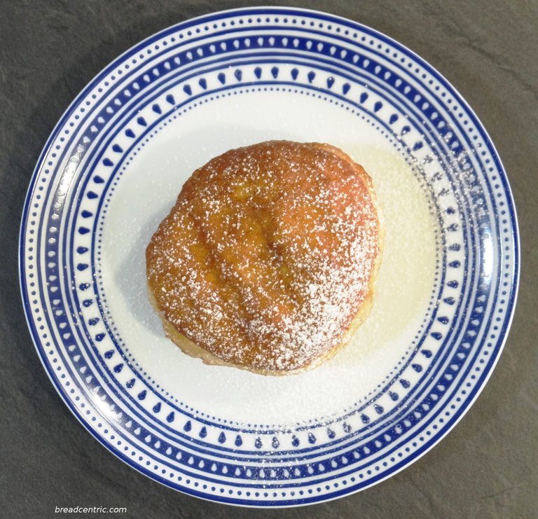 A doughnut dusted with icing sugar