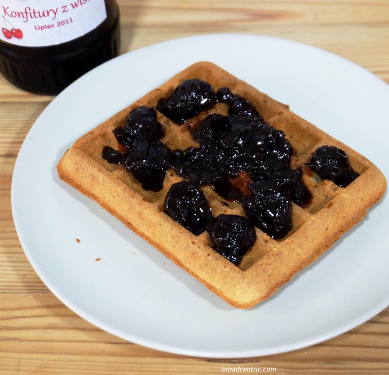 Waffle with sour cherry confiture