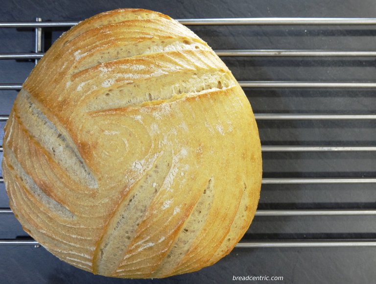 Tarzynkowy. Notice how triple scoring under the 120 degrees angle made the loaf expand into a triangular shape